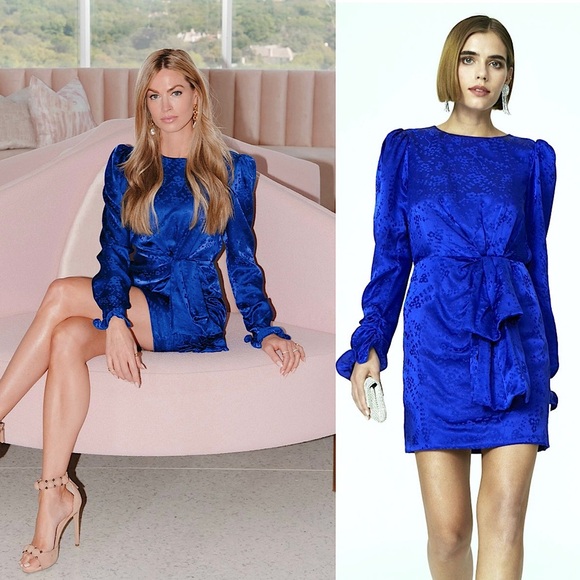 SALONI Cobalt Silk Satin Floral Jacquard Ruched Long Puff Sleeve Sheath Dress 4 - Picture 1 of 6